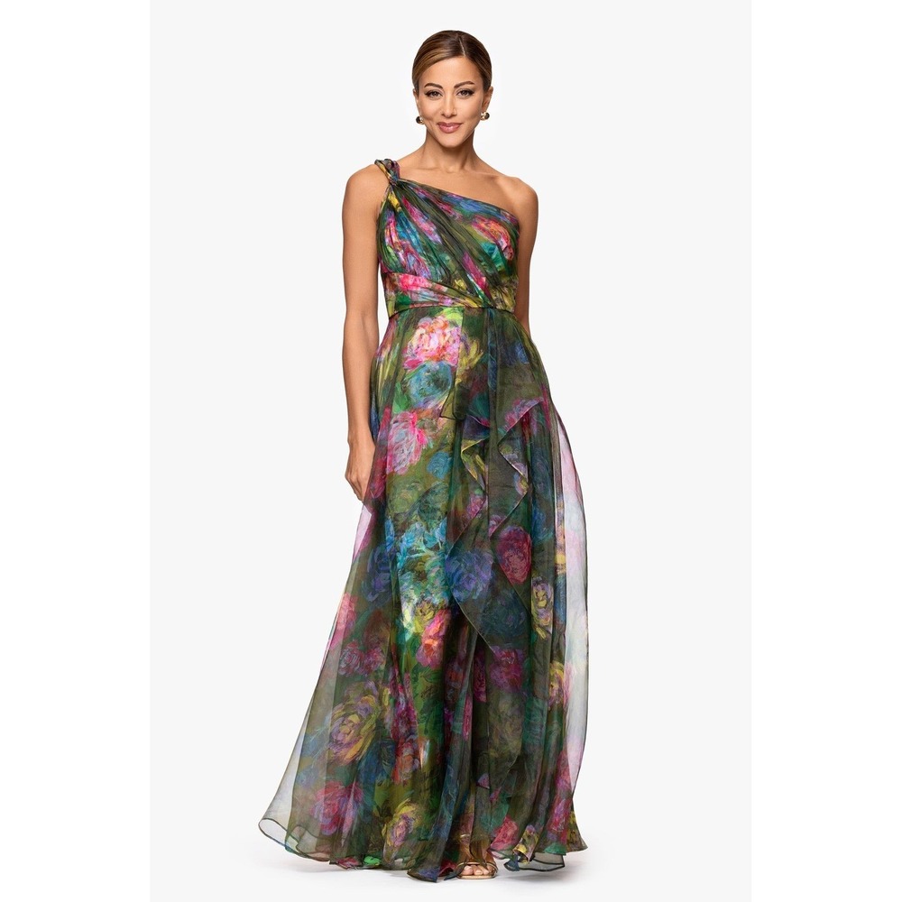 Xscape Womens One Shoulder Floral Organza Gown Olive Green Pink Maxi Dress 12